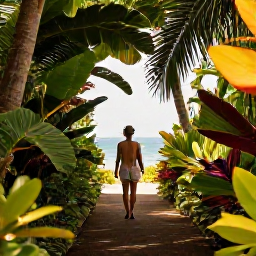 Caribbean Holidays, Jamaica Wellness, Relaxed traveller walking through lush Jamaican botanical gardens near the coast, tropical plants, peaceful pathway and warm daylight