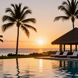Caribbean Holidays, Jamaica Wellness, Relaxing Jamaican resort at sunset with a quiet pool, palm trees and warm evening light