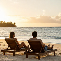 Caribbean Holidays, Jamaica Wellness Retreats, Couple relaxing in comfortable loungers beside a Jamaican beach at golden hour