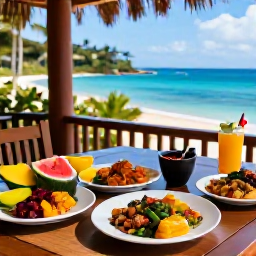 Caribbean Holidays, Jamaica Wellness Retreats, Healthy Jamaican meal with fresh tropical fruit, vegetables and local ingredients on a relaxed terrace