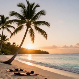 Caribbean Holidays, Jamaica Wellness Retreats, Quiet Jamaican beach at sunrise with a yoga mat, palm trees and calm turquoise water