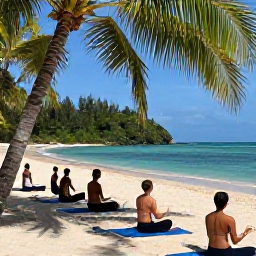 Caribbean Holidays, Jamaica Wellness Retreats, Small group practising yoga on a shaded Jamaican beach overlooking the sea