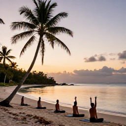 Caribbean Holidays, Jamaica Wellness, Small group doing gentle yoga on a Jamaican beach at sunrise, palms and calm Caribbean Sea