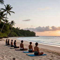 Caribbean Holidays, Jamaica Wellness, Small group yoga class on a Jamaican beach at sunrise, mats facing the sea, tropical greenery and peaceful atmosphere