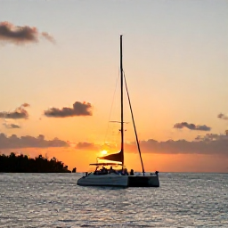 Caribbean Holidays, January Adults Only, Adults enjoying a sunset catamaran cruise near Providenciales, calm Caribbean sea, warm golden sky and island coastline
