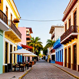 Caribbean Holidays, January Adults Only, Colourful colonial street in Santo Domingo with historic buildings, palm trees and local caf&eacute;s in warm January sunshine