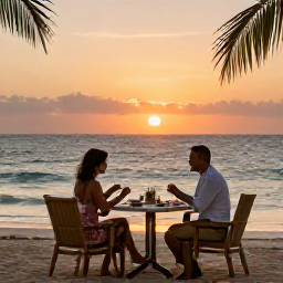 Caribbean Holidays, January Adults Only, Couple enjoying a quiet sunset dinner on a beachfront terrace at an adults-only resort in the Dominican Republic