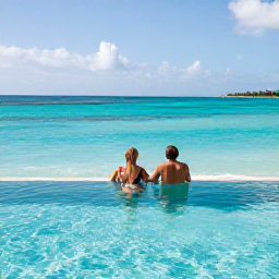 Caribbean Holidays, January Adults Only, Couple relaxing beside an infinity pool at an adults-only Caribbean resort in St Thomas, with turquoise sea and bright January sunshine