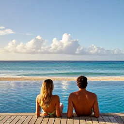 Caribbean Holidays, January Adults-Only, Couple relaxing beside an infinity pool overlooking a calm Caribbean beach in warm January sunshine