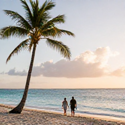 Caribbean Holidays, January Adults-Only, Couple walking along a palm-fringed Caribbean beach at sunset, with clear water and soft golden light