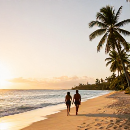 Caribbean Holidays, January Adults Only, Couple walking along a quiet golden beach in Tobago at sunset, calm sea, palm trees and warm January light