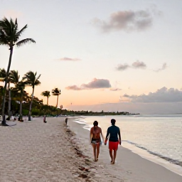Caribbean Holidays, January Adults Only, Couple walking along a wide white-sand beach at sunset in Punta Cana, with calm Caribbean water and palm trees