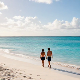 Caribbean Holidays, January Adults Only, Couple walking along Grace Bay Beach in January, turquoise water, powder-white sand and gentle morning sunshine