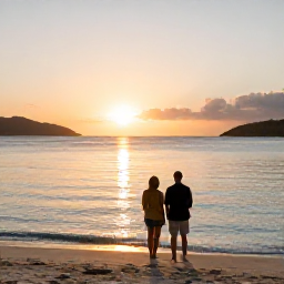 Caribbean Holidays, January Adults Only, Couple watching the sun set over calm Caribbean water from a quiet beach in the US Virgin Islands