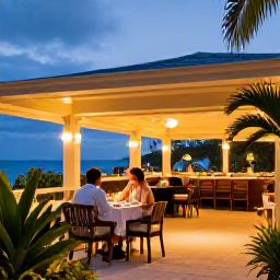 Caribbean Holidays, January Adults Only, Elegant adults-only Caribbean restaurant terrace in Tobago at evening, couple dining outdoors with soft lights and tropical plants