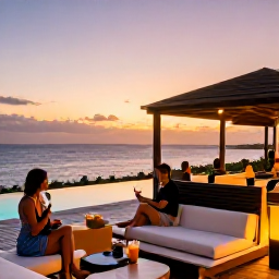 Caribbean Holidays, January Adults Only, Elegant adults-only resort terrace in Cura&ccedil;ao at sunset, with comfortable seating, soft lighting and guests enjoying cocktails beside the pool