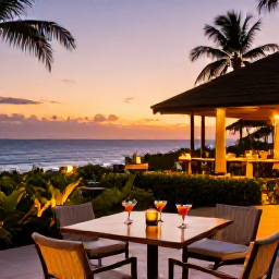 Caribbean Holidays, January Adults Only, Elegant adults-only resort terrace in the Dominican Republic at sunset, cocktails on a table, tropical gardens and warm atmospheric lighting