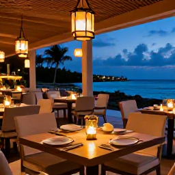 Caribbean Holidays, January Adults Only, Elegant adults-only restaurant in Turks and Caicos at dusk, outdoor tables, Caribbean-inspired dishes and soft lantern light