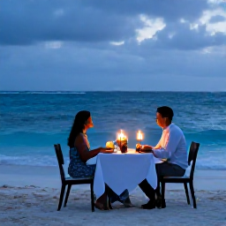 Caribbean Holidays, January Adults-Only, Romantic candlelit dinner for two on a Caribbean beach beside the sea at dusk
