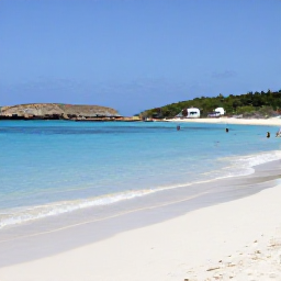 Caribbean Holidays, January Adults Only, Secluded white-sand beach in Cura&ccedil;ao with calm turquoise water, snorkellers near the reef and low rocky hills in the background
