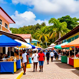Caribbean Holidays, January Adults Only, Visitors exploring a colourful market and historic street in Port of Spain, Trinidad, with local food stalls and tropical scenery