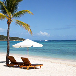 Caribbean Holidays, January Adults Only, White sand beach with two sun loungers, calm turquoise water and palm trees on St John in the US Virgin Islands