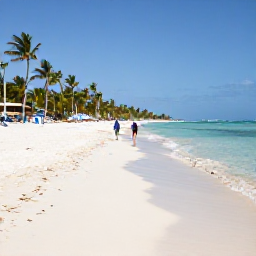 Caribbean Holidays, January Adults Only, Wide white-sand beach in Punta Cana, Dominican Republic, with palm trees, clear shallow water and two adults walking along the shoreline in January