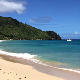Caribbean Holidays, January Adventures, A bright Caribbean coastline in January with turquoise water, golden sand, green hills and a small adventure boat offshore