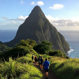 Caribbean Holidays, January Adventures, A bright January morning overlooking Saint Lucia's Pitons, with a small hiking group on a green trail and the Caribbean Sea beyond