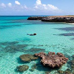 Caribbean Holidays, January Adventures, A clear turquoise bay in Cura&ccedil;ao with a snorkeller above coral reefs, tropical fish and a rocky shoreline