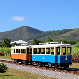 Caribbean Holidays, January Adventures, A colourful historic railway carriage travelling beside the Caribbean coast of Saint Kitts, with sugar cane fields and green hills