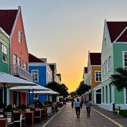 Caribbean Holidays, January Adventures, A colourful Willemstad street in Cura&ccedil;ao at sunset with Dutch colonial buildings, outdoor tables and visitors exploring