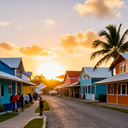 Caribbean Holidays, January Adventures, A friendly Caribbean island village at sunset with colourful buildings, palm trees and travellers preparing for an outdoor adventure