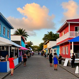 Caribbean Holidays, January Adventures, A friendly Caribbean village street with colourful buildings, a local market, musicians and visitors enjoying the afternoon