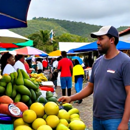 Caribbean Holidays, January Adventures, A friendly local guide leading visitors through a colourful Saint Lucian village market, with tropical fruit and island scenery