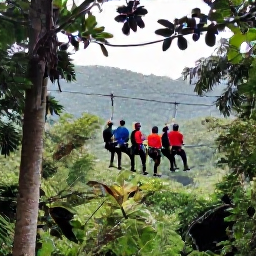 Caribbean Holidays, January Adventures, A guided group exploring a tropical Dominican Republic nature reserve, with a zip line, dense forest and distant hills
