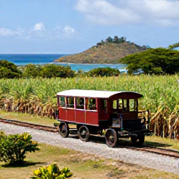 Caribbean Holidays, January Adventures, A historic railway carriage travelling along the coast of Saint Kitts, with sugar-cane fields, hills and ocean views
