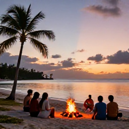 Caribbean Holidays, January Adventures, A relaxed Caribbean beach at sunset with adventure travellers sitting near a small fire, calm water and palm trees