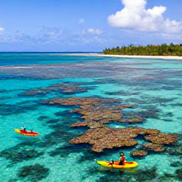 Caribbean Holidays, January Adventures, A sea kayak and snorkellers exploring clear Caribbean water above a colourful coral reef near a sheltered island bay