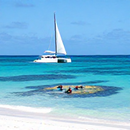Caribbean Holidays, January Adventures, A small catamaran sailing across clear Caribbean water near the Dominican Republic, with snorkellers exploring a colourful reef beside a white sandy beach