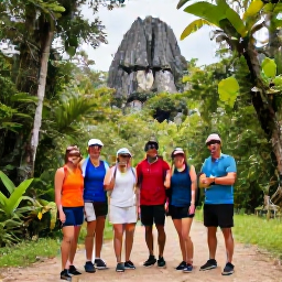 Caribbean Holidays, January Adventures, A small group of travellers exploring a Dominican Republic national park with a local guide, surrounded by tropical forest and limestone scenery