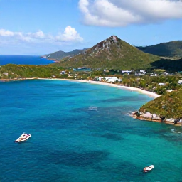 Caribbean Holidays, January Adventures, Aerial view of turquoise Caribbean water, rugged green coastline and small boats around St Thomas in the U.S. Virgin Islands
