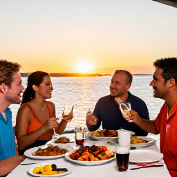 Caribbean Holidays, January Adventures, Friendly travellers enjoying a fresh seafood meal at a relaxed waterfront restaurant in The Bahamas at sunset