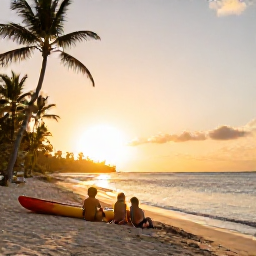 Caribbean Holidays, January Adventures, Friends relaxing on a sunny Caribbean beach at sunset with kayaks nearby and palm trees along the shore