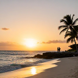 Caribbean Holidays, January Adventures, Golden sunset over a quiet Turks and Caicos beach, with gentle waves, palm silhouettes and a couple watching the horizon