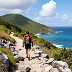 Caribbean Holidays, January Adventures, Hiker walking along a rugged coastal trail above the sea on Tortola in the British Virgin Islands, with green hills and panoramic views