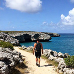 Caribbean Holidays, January Adventures, Hiker walking along a rugged coastal trail overlooking the blue sea and limestone landscape of Turks and Caicos