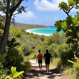 Caribbean Holidays, January Adventures, Hikers walking along a forested coastal trail with a view over turquoise bays on St John