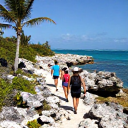 Caribbean Holidays, January Adventures, Hikers walking along a rugged coastal trail with palm trees, limestone rocks and bright blue sea in The Bahamas