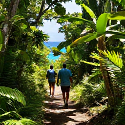 Caribbean Holidays, January Adventures, Hikers walking along a shaded tropical trail in Virgin Islands National Park on St John, with lush vegetation and a glimpse of the sea
